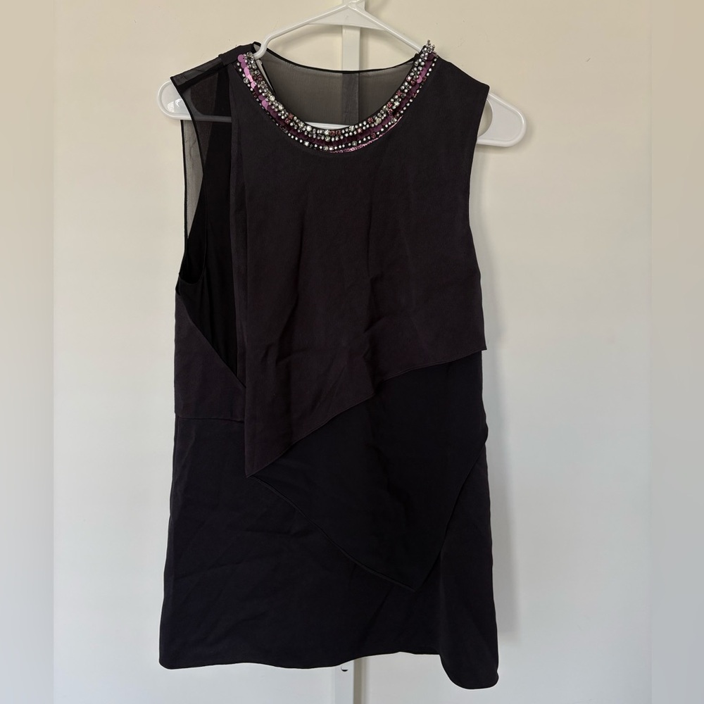 3.1 Phillip Lim Black Jeweled Neck Sleeveless Tunic Top Silk Trim Size 6